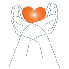 Grafik: die Umrisse zwei sich überkreuzender Hände halten ein rotes Herz in den Handinnenseiten.